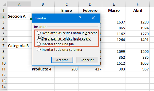 Como desplazar una fila en Excel