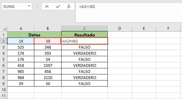 Como utilizar la formula menor o igual en Excel de forma manual