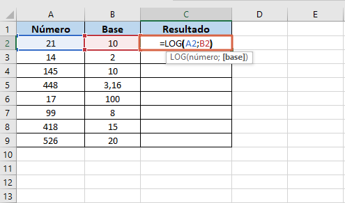 Como utilizar la funcion logaritmo (LOG) en Excel paso 3