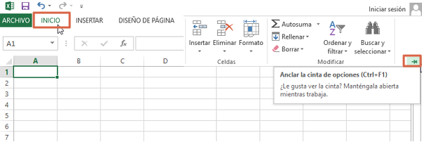 Como anclar la cinta de opciones de Excel