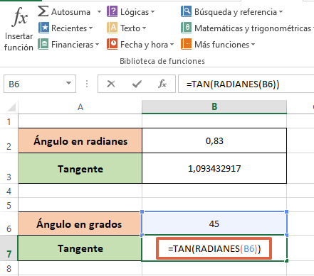 Cómo utilizar la función tangente en Excel (TAN) convirtiendo los grados a radianes paso 3