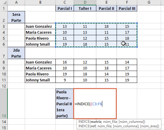 Como usar la funcion INDICE en Excel en forma de referencia paso 2