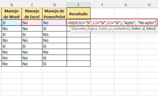 Como usar la funcion O en Excel combinada con la funcion SI paso 3