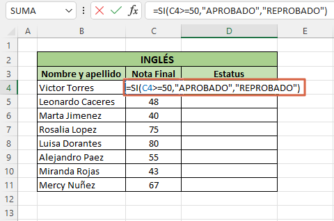 Como usar la funcion SI en Excel paso 5