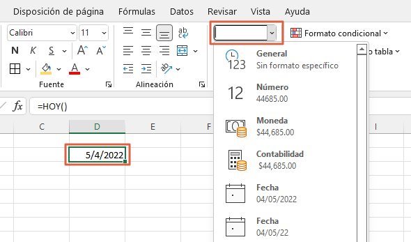 Ejemplo de la funcion HOY en Excel
