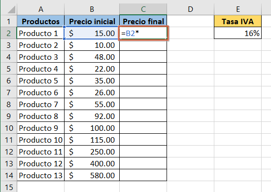 como calcular directamente el precio final con el importe del IVA en excel paso 3